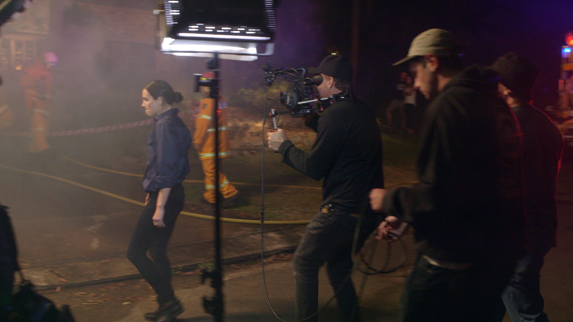Altura Night Shoot On set film crew on crime scene at night