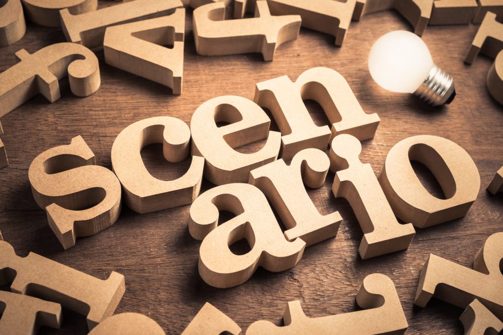 word 'scenario' in wooden letters